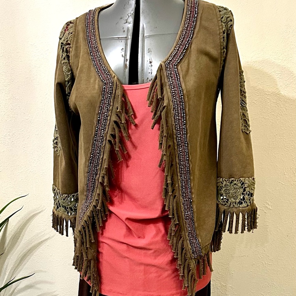 Olive green boho jacket with fringe and beaded border. Cotton lace appliques. M